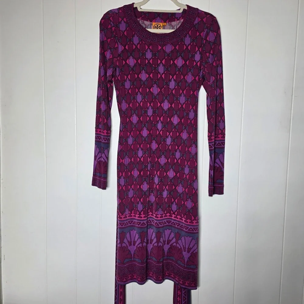 Tory Burch Audra‎ Silk Geometric Print Wrap Dress Purple Pink Long Sleeve Medium